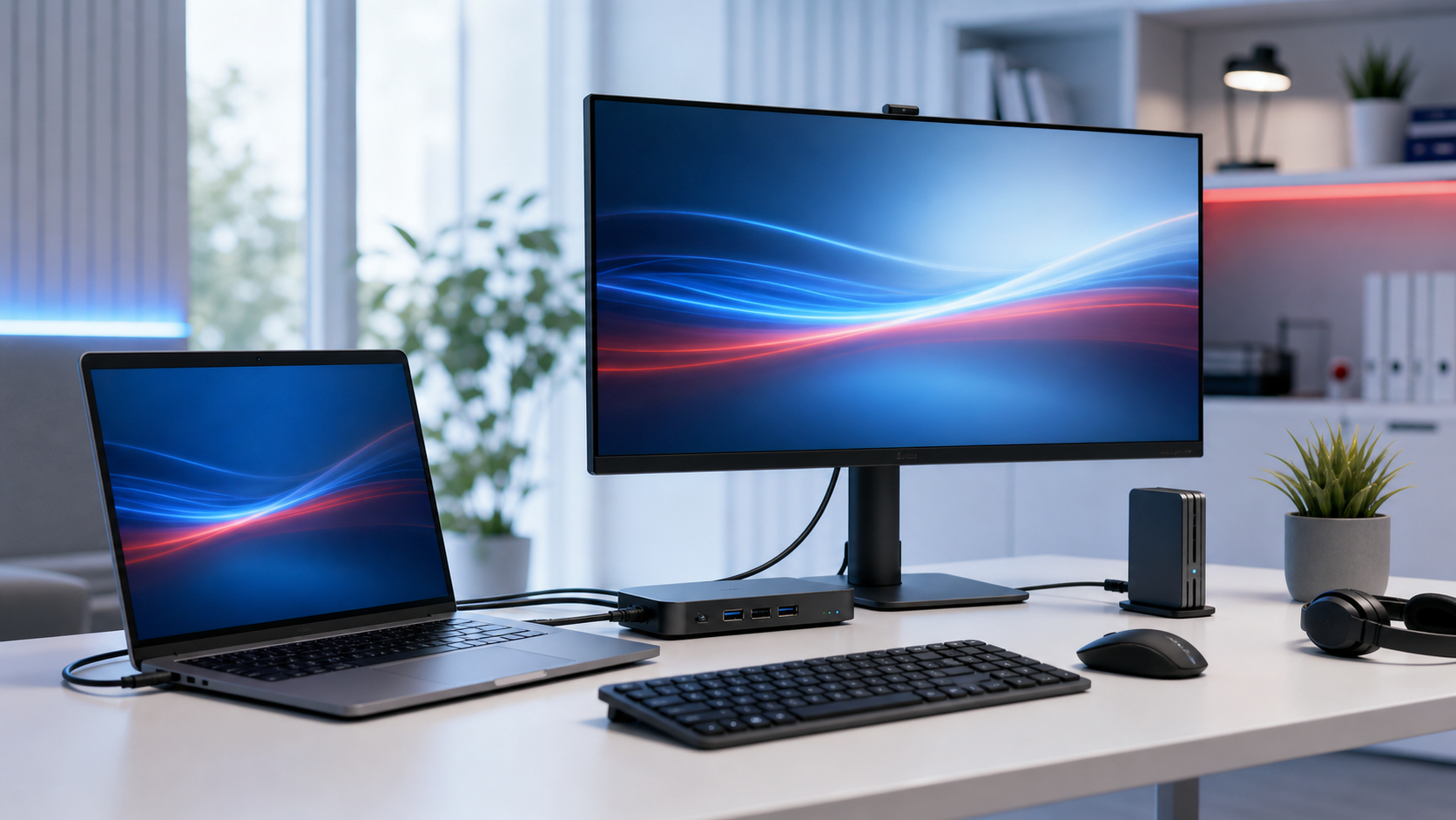 Moderner Büroarbeitsplatz mit Laptop und Monitor